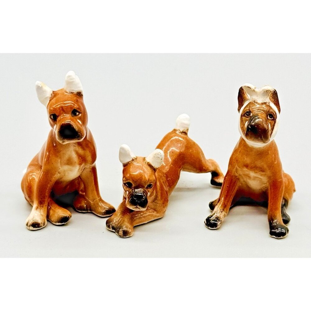 Lefton Boxer Dog‎ Figurine Porcelain Crying Docked Ears Tail Japan Lot of 3